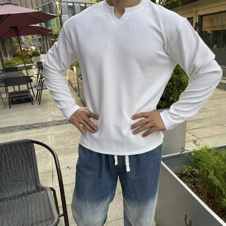 肌理感V领长袖T恤男秋季休闲百搭打底衫宽松潮流oversize简约卫衣