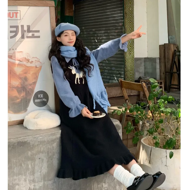 【现货现发】张汽水跨年穿搭长袖假两件独角兽连衣裙针织DY2025229