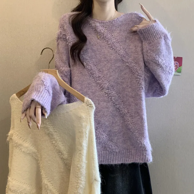慵懒风软糯长袖针织衫女2025秋冬新款大码胖mm气质宽松显瘦毛衣