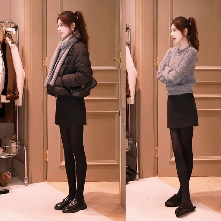 冬季时尚穿搭套装女2025新款气质毛衣保暖棉服外套短裙三件套