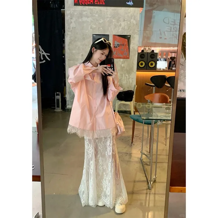 时尚简约粉色翻领衬衫长袖上衣女春季新款高腰蕾丝拼接休闲长裙子