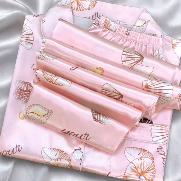 2025爆款粉贝壳冰丝睡衣女夏季薄款短袖长裤套装春秋款长袖家居服