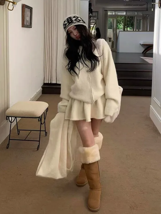 新款韩版爆款女套装宽松显瘦百搭休闲拉链针织衫半身裙套装26376