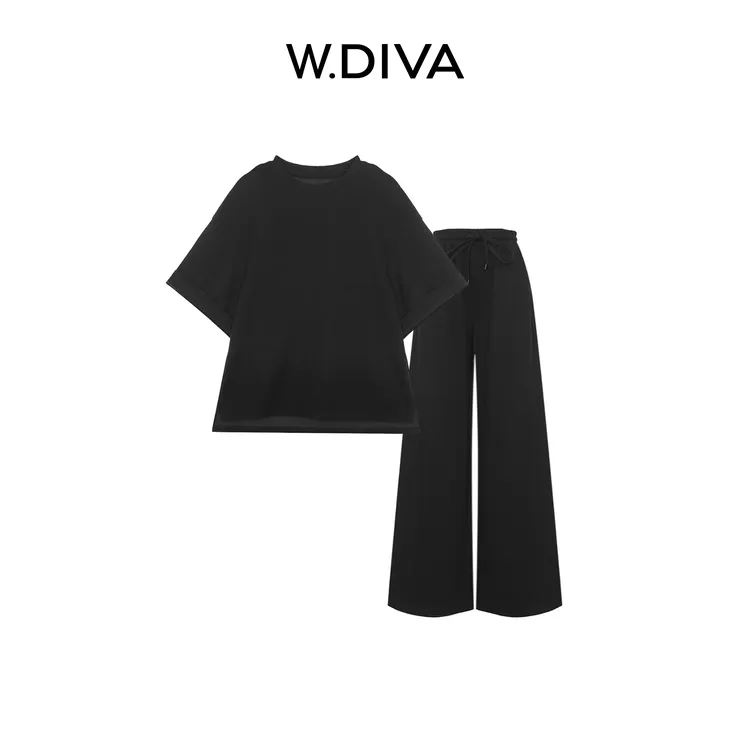 W.Diva【默行】莫代尔棉显瘦好穿落肩T恤长裤休闲套装52D092606