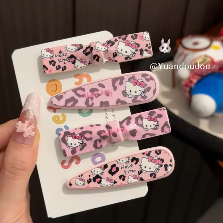可爱粉色豹纹kt系蝴蝶结水滴形鸭嘴少女侧边碎发刘海发夹卡通甜美