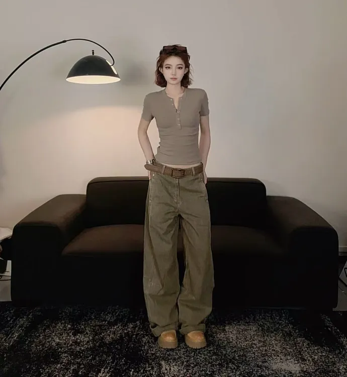 松弛感洗水牛仔女工装裤设计感阔腿复古垂感休闲#88757