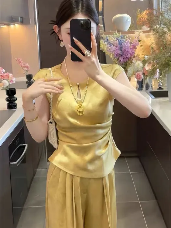 新中式国风轻奢夏季醋酸缎面设计感暗花工艺气质百搭显瘦上衣小衫
