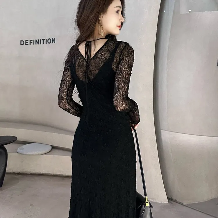 新款春秋法式气质名媛镂空蕾丝心机女不显胸遮屁股的连衣裙