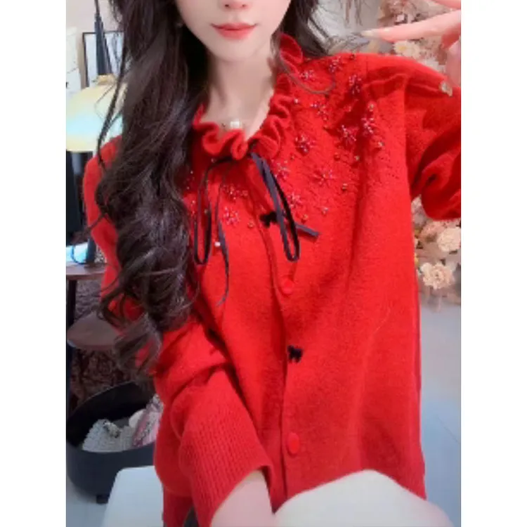 红色毛衣法式重工轻奢烫钻2025秋冬新款蝴蝶结减龄系带针织开衫女