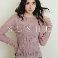 束皙SUSHE夏季绯绯法式一字领长袖气质显瘦羊毛薄款针织上衣女款