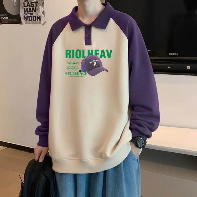 潮牌美式polo衫拼接翻领卫衣男生秋季新款宽松长袖休闲青少年上衣