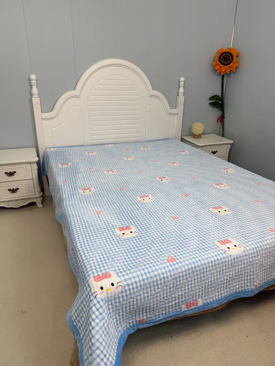 秋冬宝宝绒加厚床盖蓝格猫咪系列