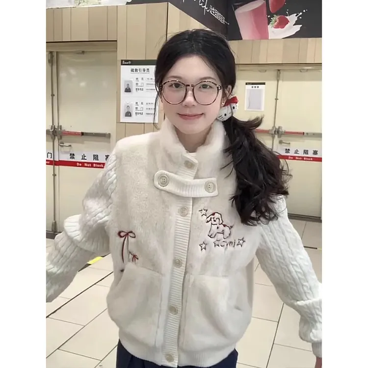 实价现货白色立领毛衣拼接棉服外套女秋冬季小个子奶呼呼加厚棉衣