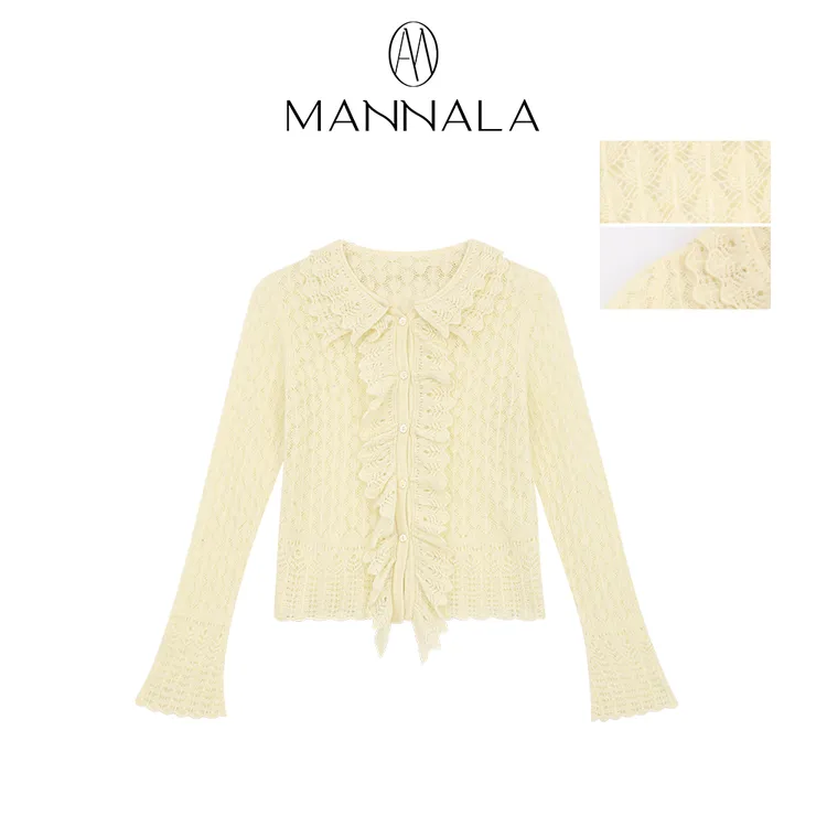 MANNALA丨“小黄鹂”层叠花瓣荷叶边镂空美丽诺羊毛针织衫 Q4650