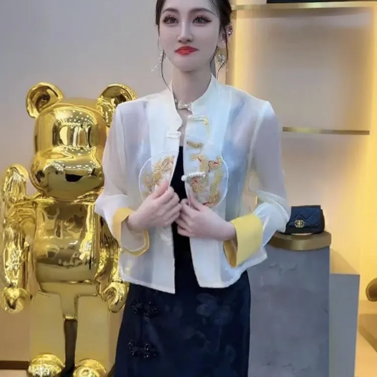 2025夏季新中式刺绣龙纹立领盘扣防晒衣短外套女国风网纱衬衫上衣