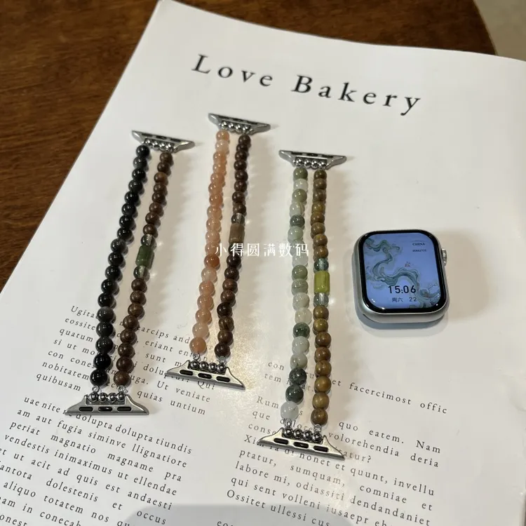 适用苹果手表表带S11/10applewatchs9银曜石搭沉香木串珠弹力腕带