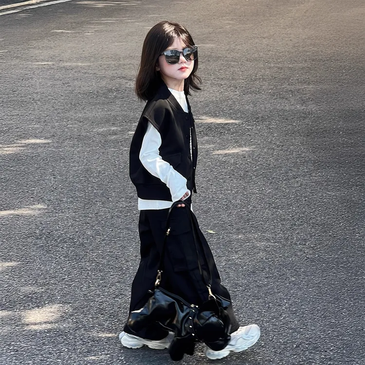 女童叠穿套装2025新款女孩秋季韩版马甲三件套儿童洋气时髦工装裤