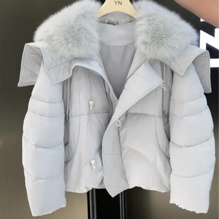 蓝色大毛领翻领棉服女冬季2025新款保暖短款面包服夹棉加厚外套