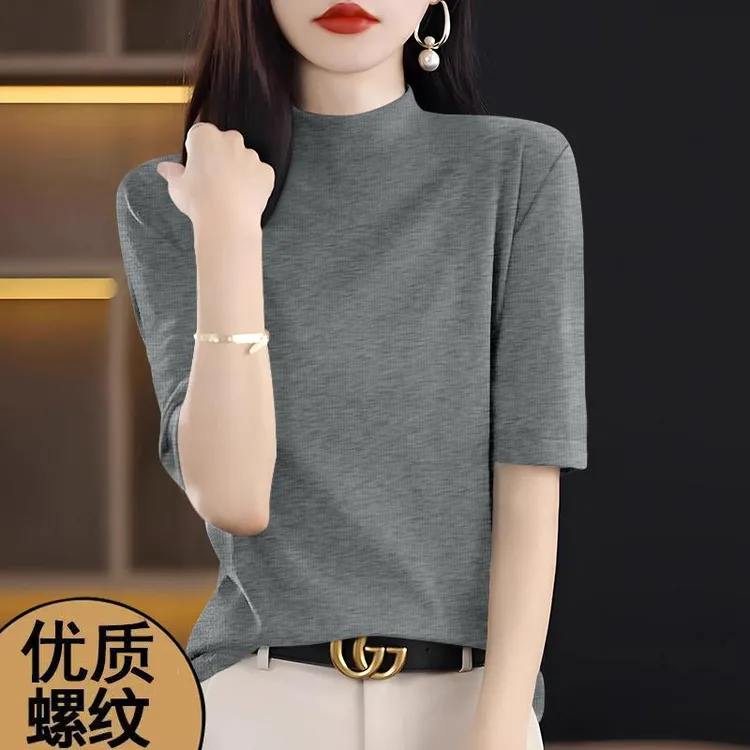 洋气欧货春夏季修身薄款半高领五分袖螺纹打底衫优质上衣t恤女装