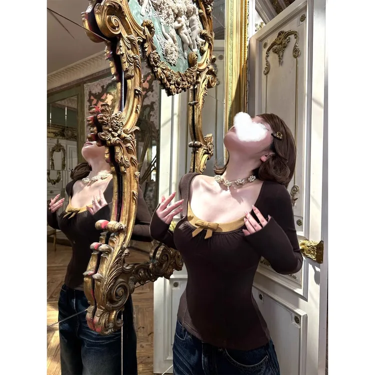 方领收腰拼色抽褶薄绒打底T恤女秋冬内搭显瘦纯欲风蝴蝶结小上衣