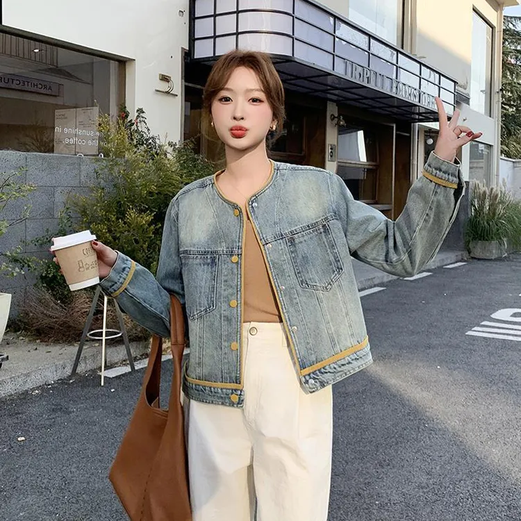 韩版休闲圆领撞色牛仔外套女2025早春新款小个子减龄宽松夹克上衣