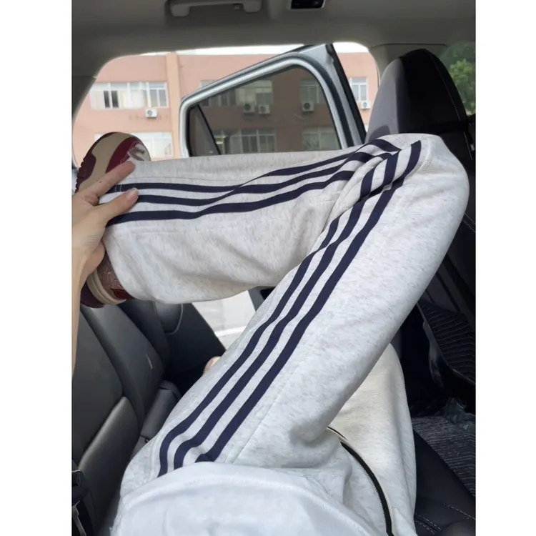 白花灰三条杠条纹裤子男美式潮牌宽松休闲裤直筒运动阔腿弯刀卫裤