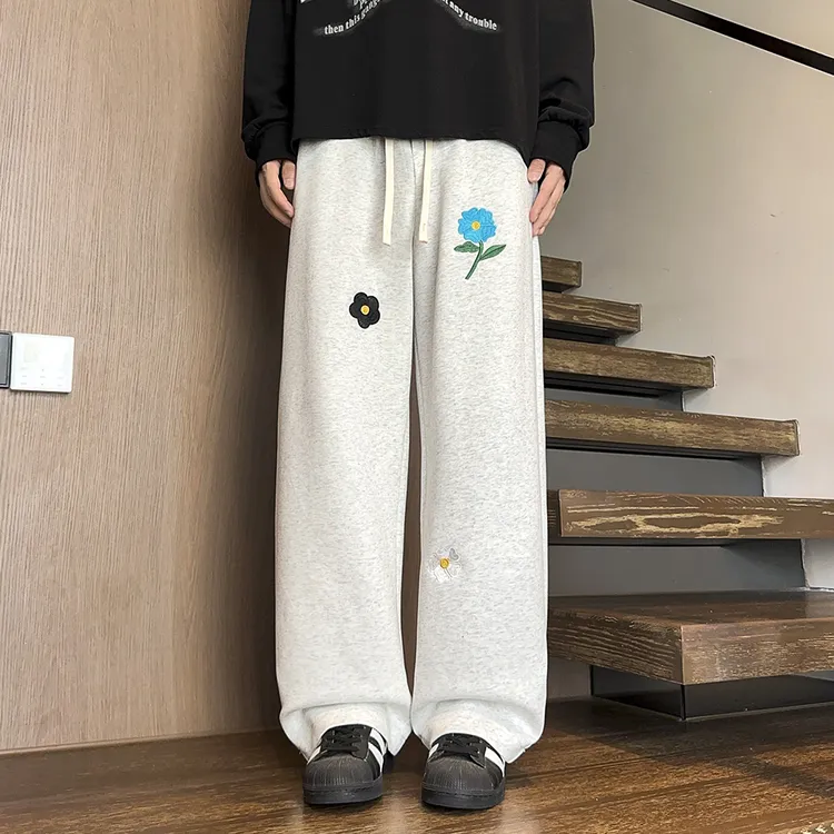 NINEDAO/玖岛秋季美式休闲宽松直筒小花长裤男士潮流百搭ins裤子