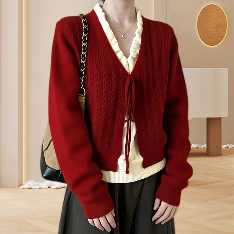 胖mm小个子显瘦红色木耳边假两件v领针织毛衣短款内搭开衫上衣女