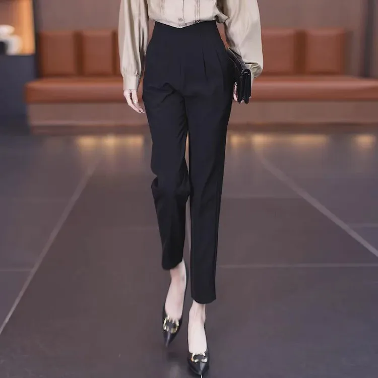 2024高腰遮肚子西装哈伦裤女2024流行新款春秋后拉链女裤垂感裤子