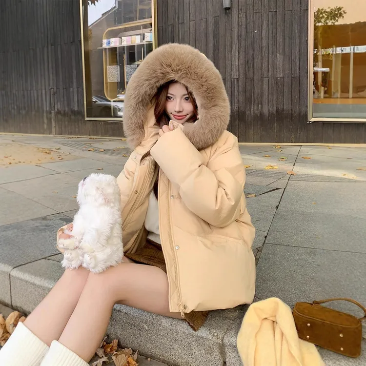 香榭颂白鸭绒羽绒服女短款狐狸毛连帽百搭秋冬新款加厚外套