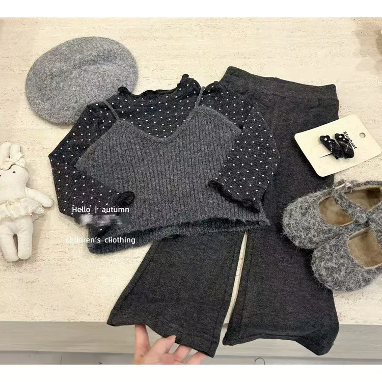 财阀千金！女童秋季新款套装韩系时髦精波点打底衫喇叭裤三件套