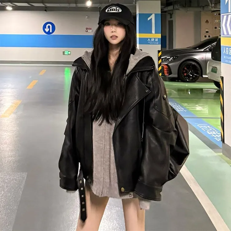 美式高街300斤加大码oversize夹克衫秋冬男女复古新款潮酷皮外套2