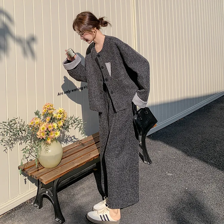 灰色法式复古气质外套阔腿裤套装女2025春季新款高腰休闲裤两件套