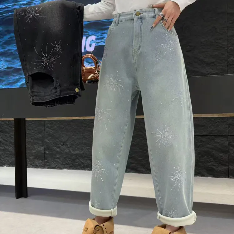 重工烫钻闪亮阔腿老爹裤牛仔裤女大码秋冬加绒显瘦洋气哈伦裤9180