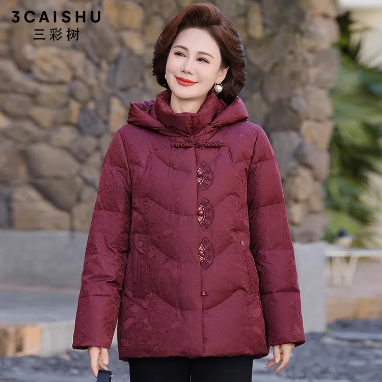 三彩树90%白鸭绒奶奶冬季羽绒服女老年人妈妈冬装外套老太太外套