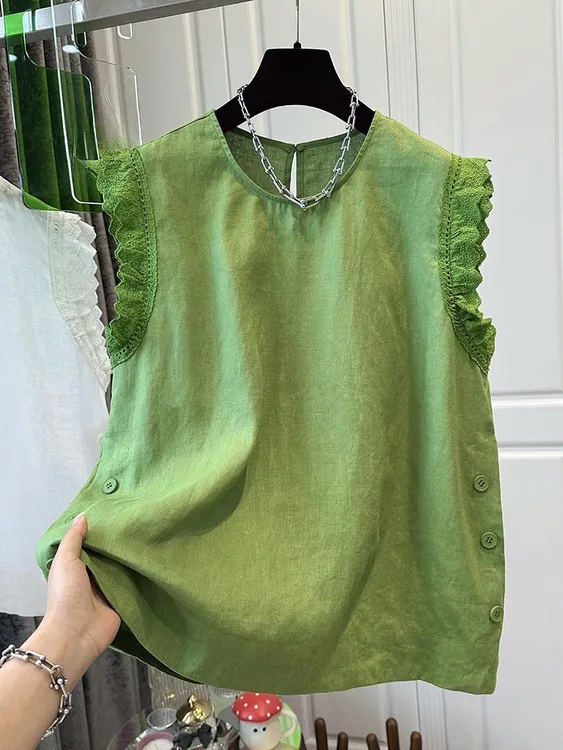 法式时尚显瘦圆领拼接木耳边蕾丝小飞袖衬衫女上衣宽松减龄夏2025