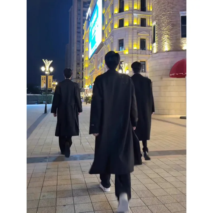 韩系风格情侣风衣外套男女春秋中长款黑色大衣英伦风高级感学院风