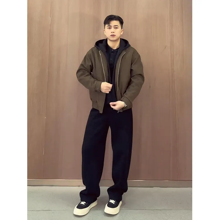 美式假两件连帽夹克棉服男款秋冬季保暖棉衣拼接内里加绒加厚外套