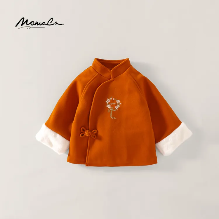 MOMOCO冬季新款女童时尚新中式绣花呢大衣外套75830107008