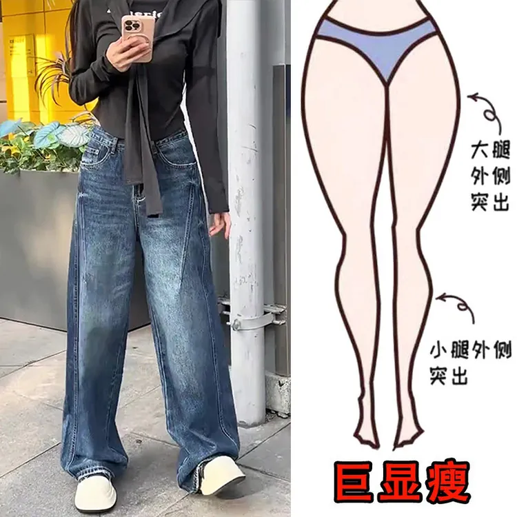 秋冬新款大码女装复古美式高街牛仔裤梨型身材显瘦高腰阔腿拖地裤