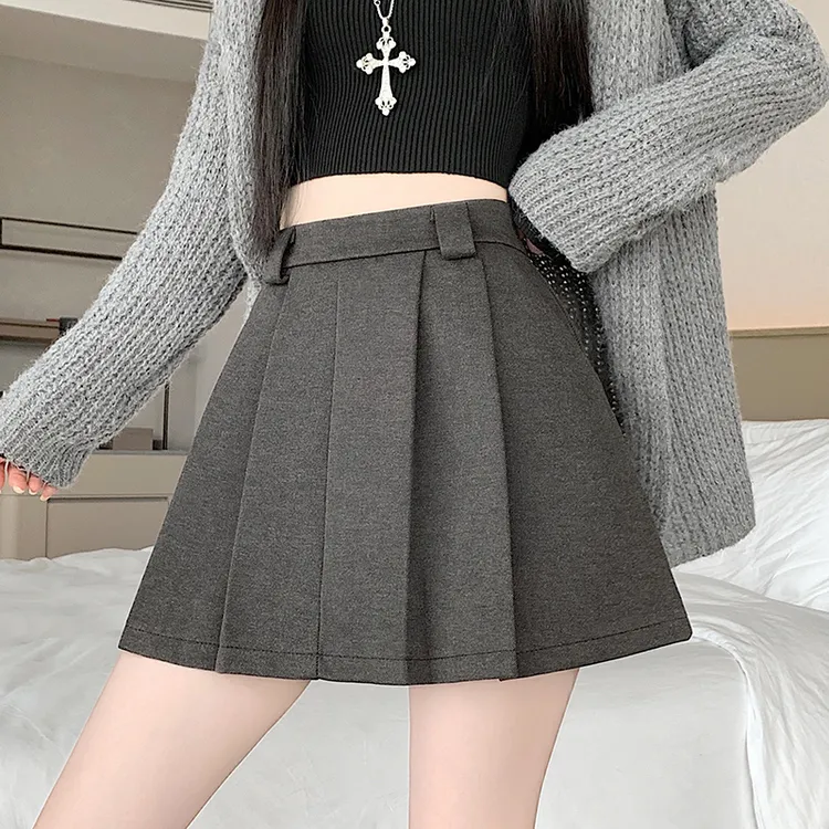 灰色加厚毛呢半身裙短裤女秋冬新款高腰显瘦小个子半身裙秋冬