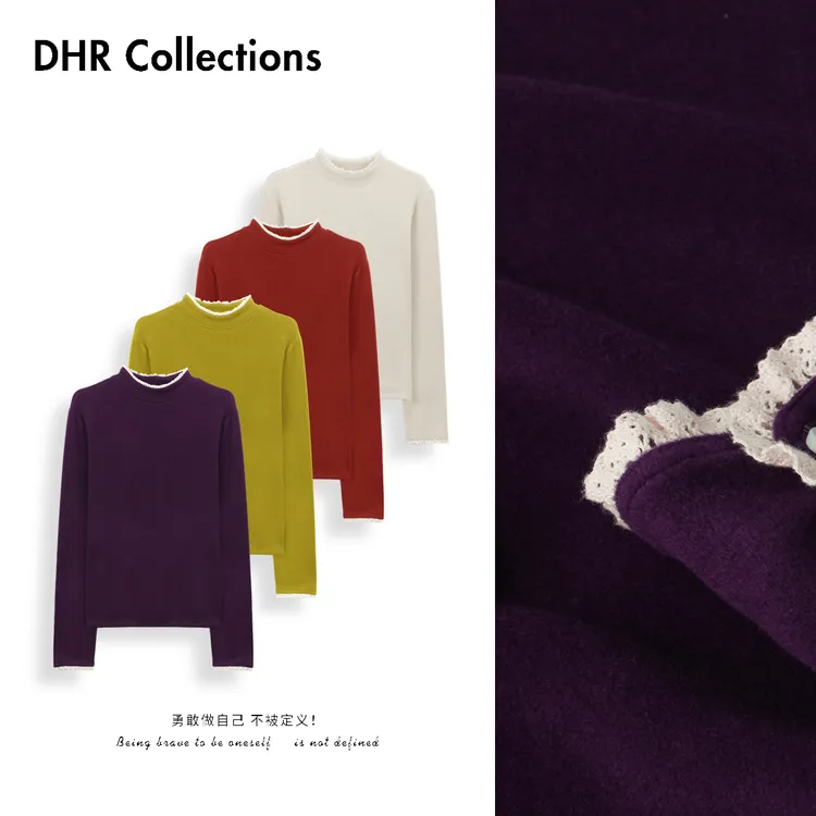 豆豆9【双面发热绒】拼接蕾丝边半高领保暖长袖打底衫T恤-25QD1031