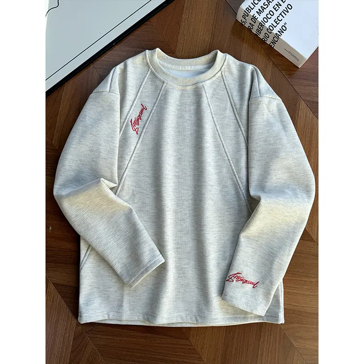 美式刺绣圆领卫衣男款冬季加绒华夫格圆领正肩长袖t恤内搭打底衫