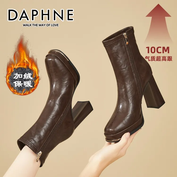 达芙妮时尚高跟棉靴女加绒靴子2025年冬季方头复古气质软皮时装靴