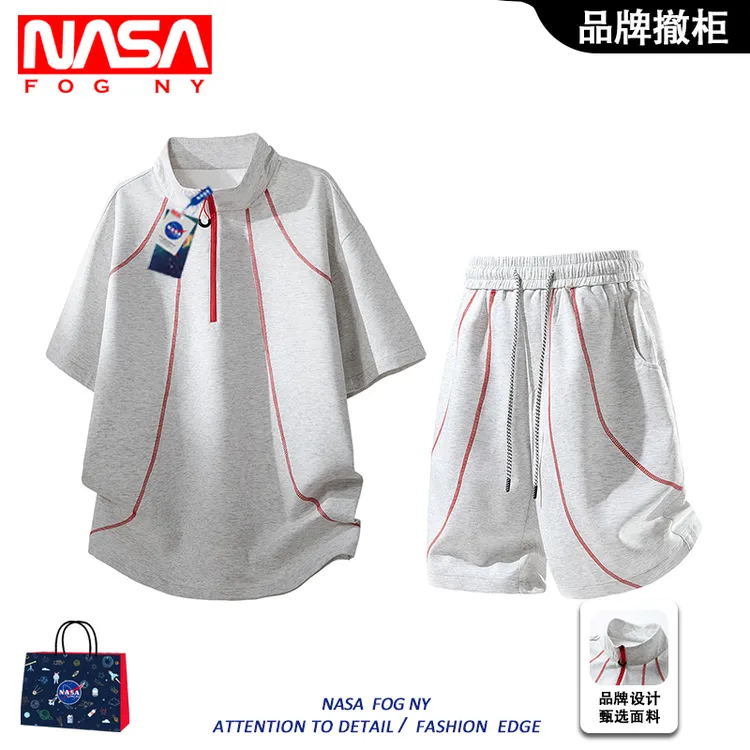 NASA潮流短袖套装男士夏季大码凉感透气半拉链t恤时尚短裤两件套
