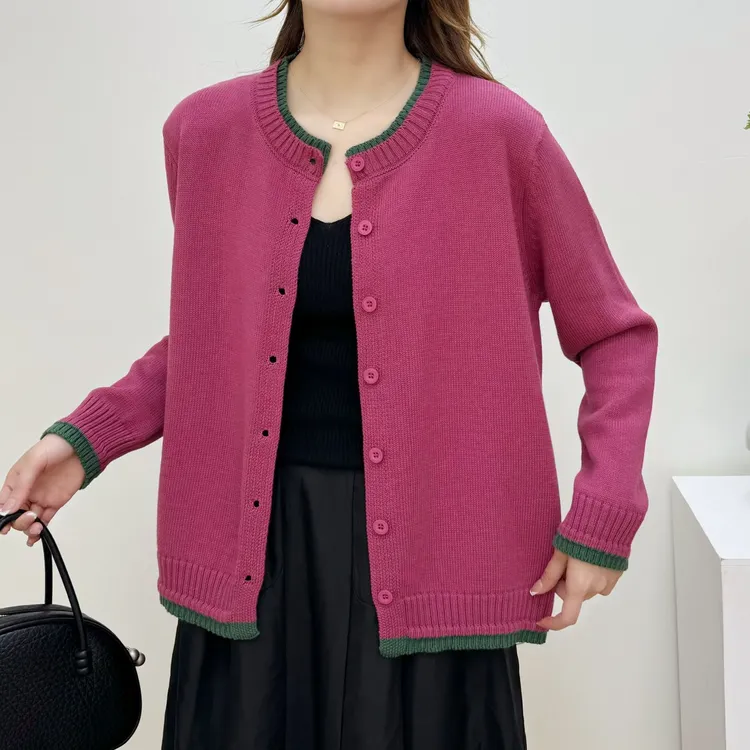 【正品现货】拼色双领圆领复古棉线女士秋季宽松百搭长袖针织衫外套
