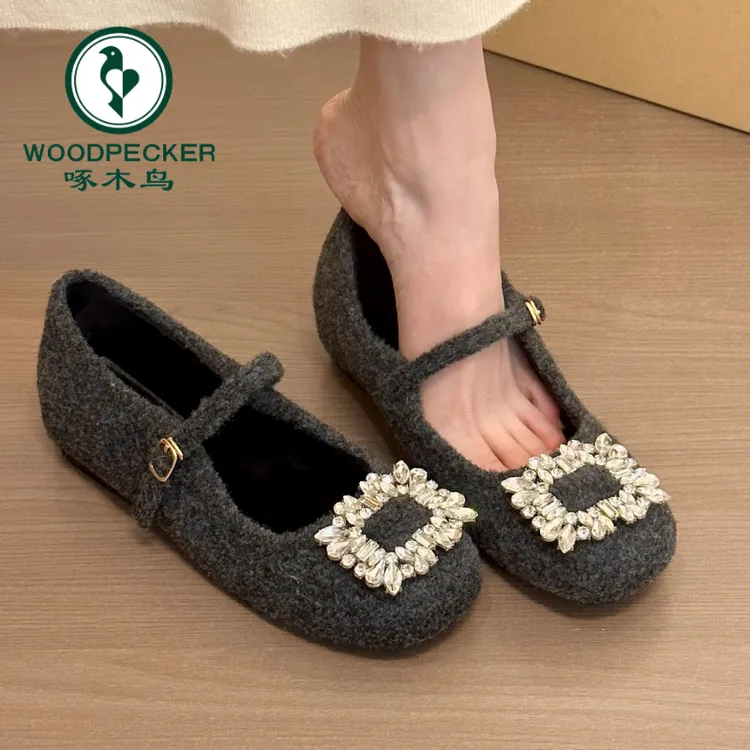 啄木鸟香法珍妮弗水钻方扣内增高玛丽珍鞋女2025冬季加绒厚底单鞋