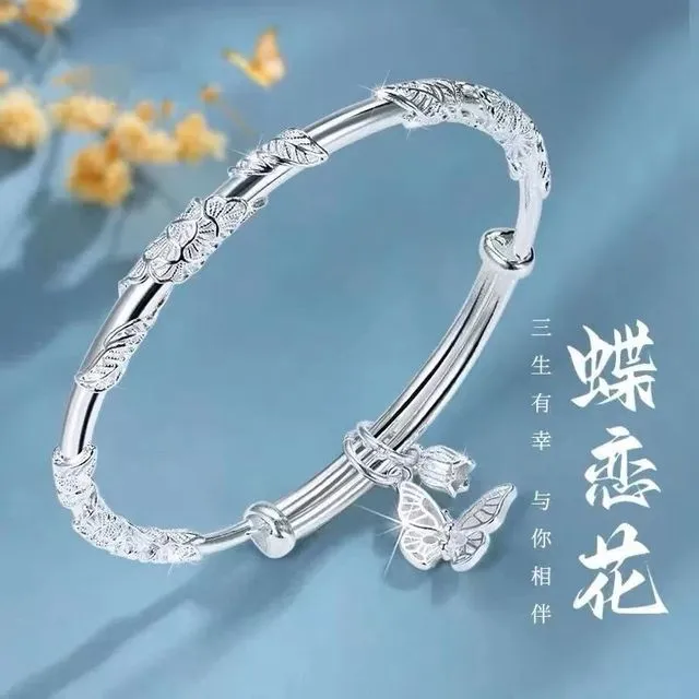 老凤祥足银繁花似锦纯银手镯女实心9999足银镯子送女朋友生日礼物