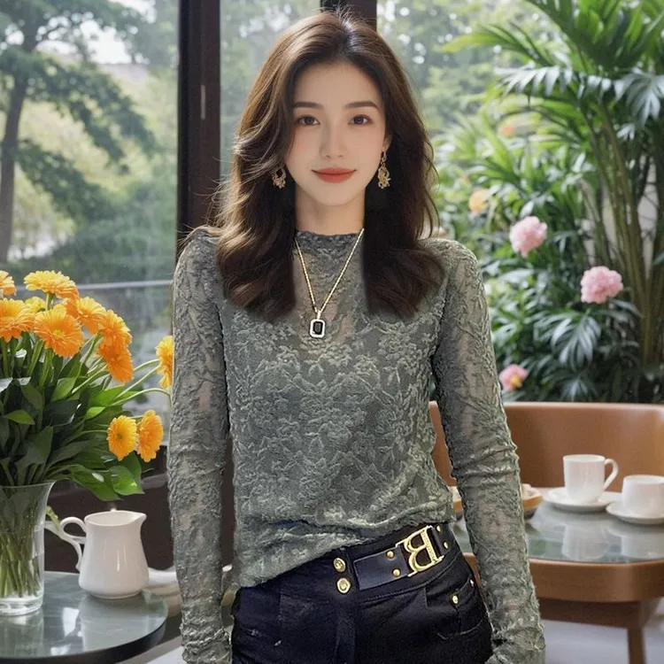 性感女人味微透网纱蕾丝长袖T恤女2025春夏新款薄款镂空罩衫上衣