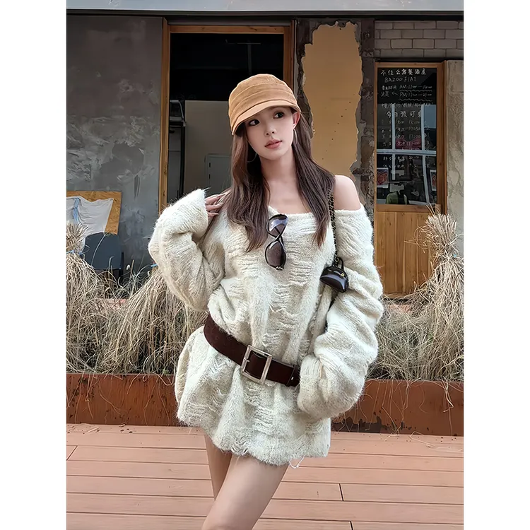 辣妹纯欲风斜肩针织衫上衣女2026秋季新款宽松显瘦高级感毛衣